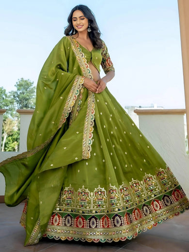 Dazzling Green Thread Embroidered Silk Mehendi Wear Lehenga Choli